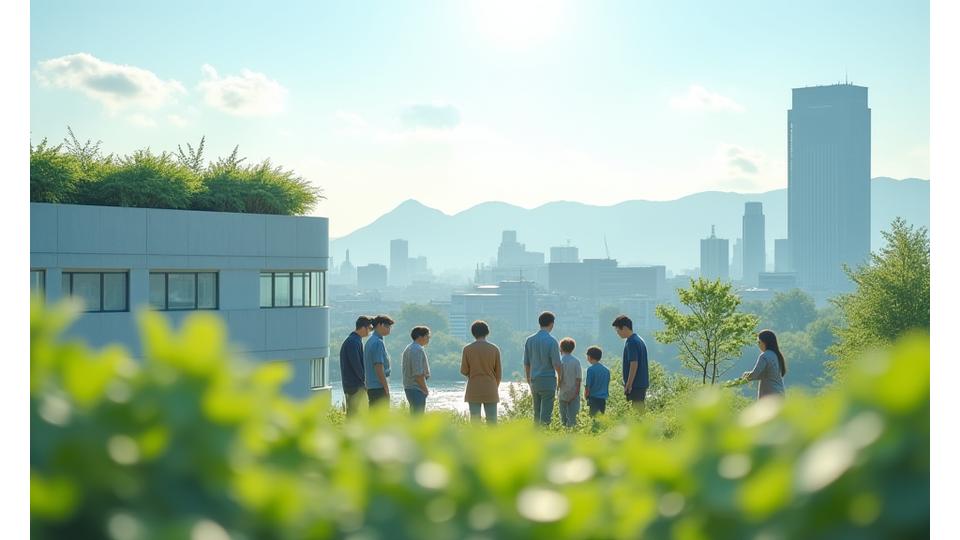 持続可能な工場と地域コミュニティが調和したイメージ