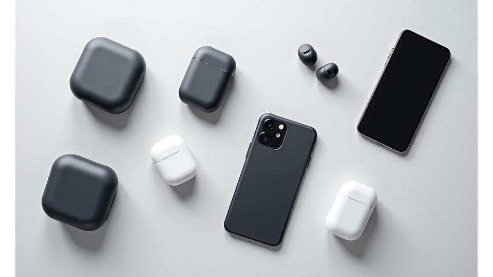 ミニマルな空間に配置された、シンプルなデザインのスマートフォンとモバイルアクセサリ