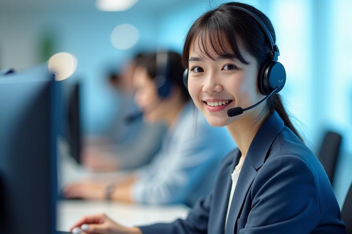 ヘッドセットを装着したプロフェッショナルなサポートスタッフが顧客対応をしている様子