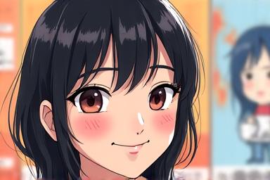 人気イラストレーター 佐藤彩花のポートレート。彼女の描いたポップでカラフルなキャラクターが背景に。