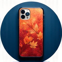 秋の紅葉をモチーフにした限定スマホケースのクローズアップ。