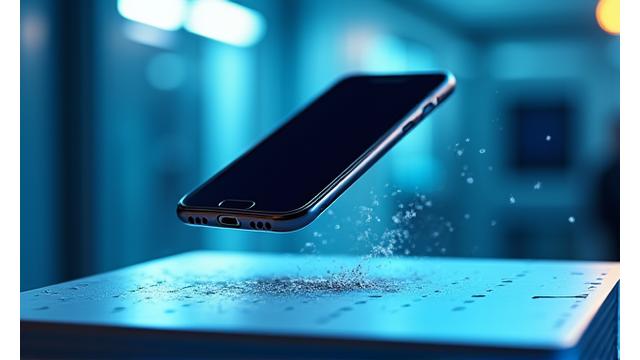 スマートフォンケースが衝撃テストに耐える様子。落下試験の瞬間を捉えた写真で、デバイスは無傷