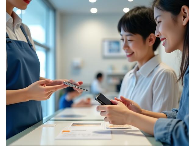 お客様に手渡されるスマートフォンと保証書。信頼と安心を象徴する、丁寧なサービス風景。