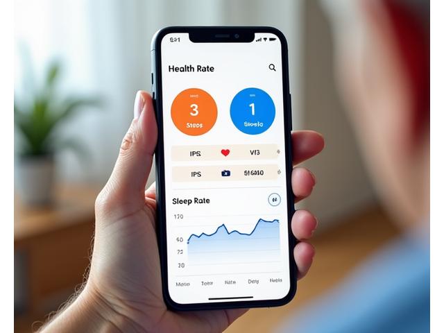 スマートフォンの画面に運動量や心拍数のグラフが表示されている