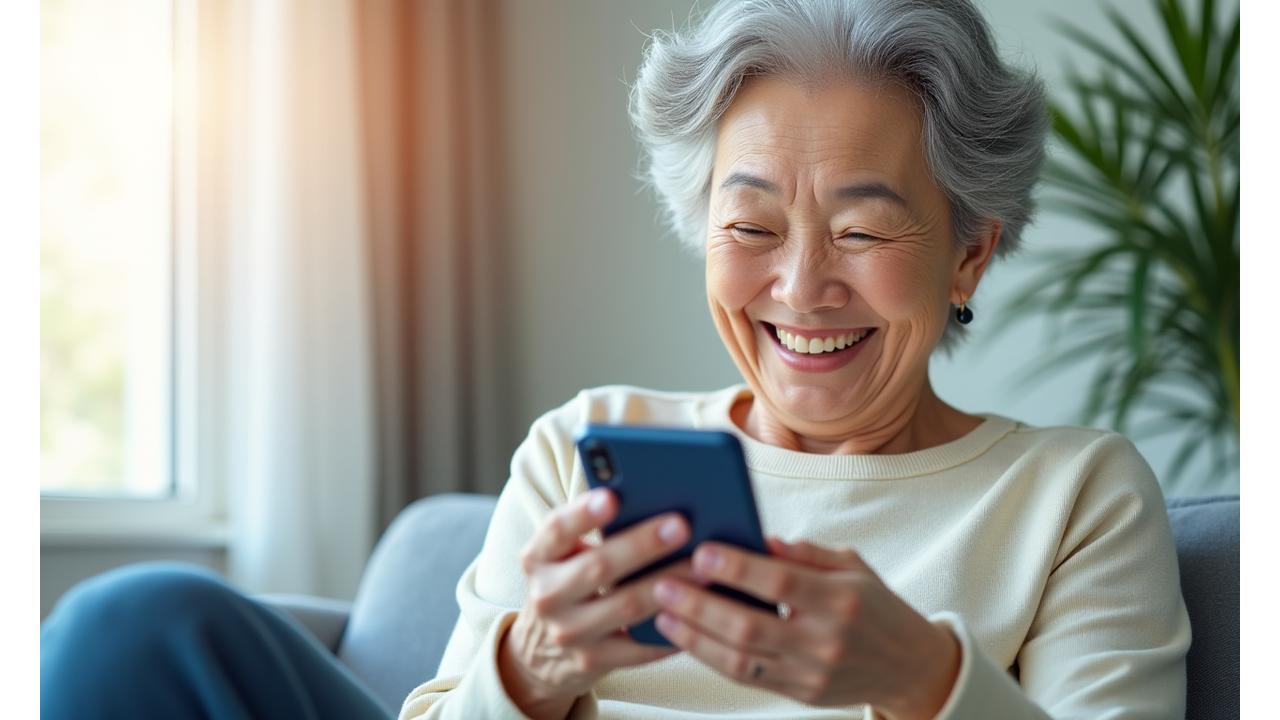 高齢者が笑顔でスマートフォンを操作している様子。大きな文字とシンプルアイコンが見える。