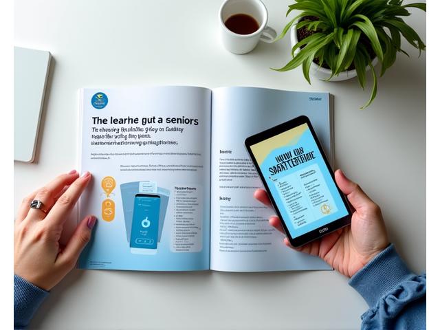 高齢者向けスマートフォンの使い方が図解されたガイドブックとタブレット