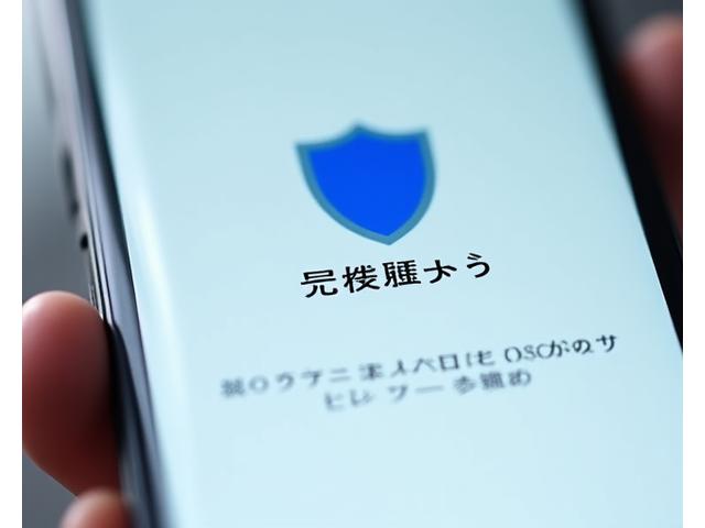 スマートフォンの画面にに、サイバーセキュリティの盾のアイコンと詐欺対策警告が表示されている