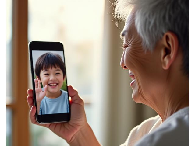 スマートフォンのビデオ通話で、高齢者と孫が笑顔で会話している様子